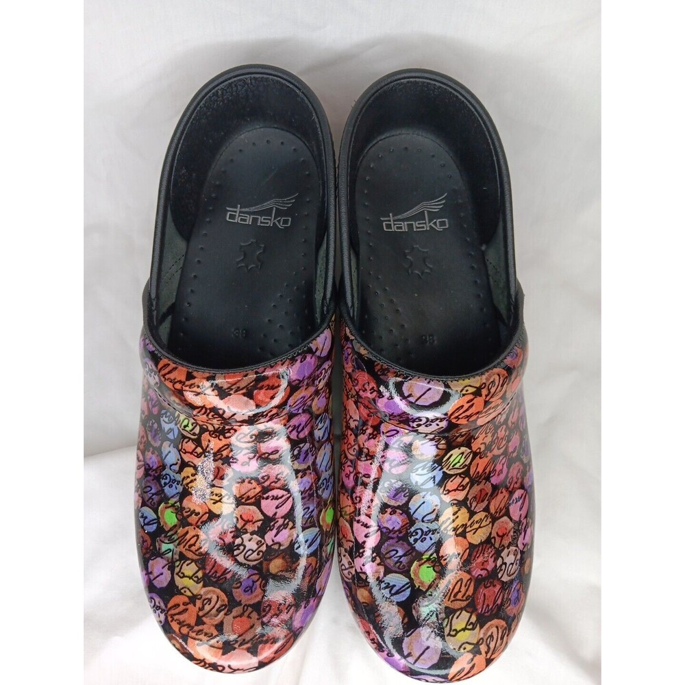 Dansko  Clogs Size 38 (7.5 US) Viola Multicolor Dot/Cursive Slip On Nurse EUC - Picture 7 of 8